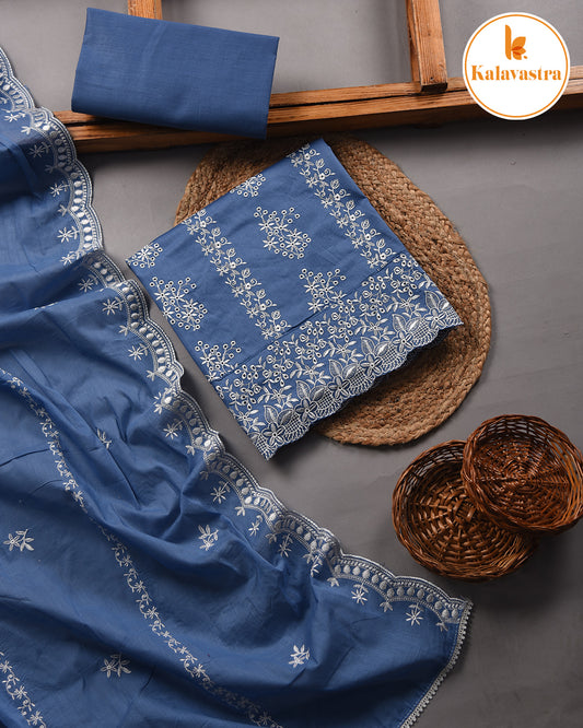 Blue - Cotton - Embroidered - Unstitched Suit Fabric With Cotton Embroidered Dupatta
