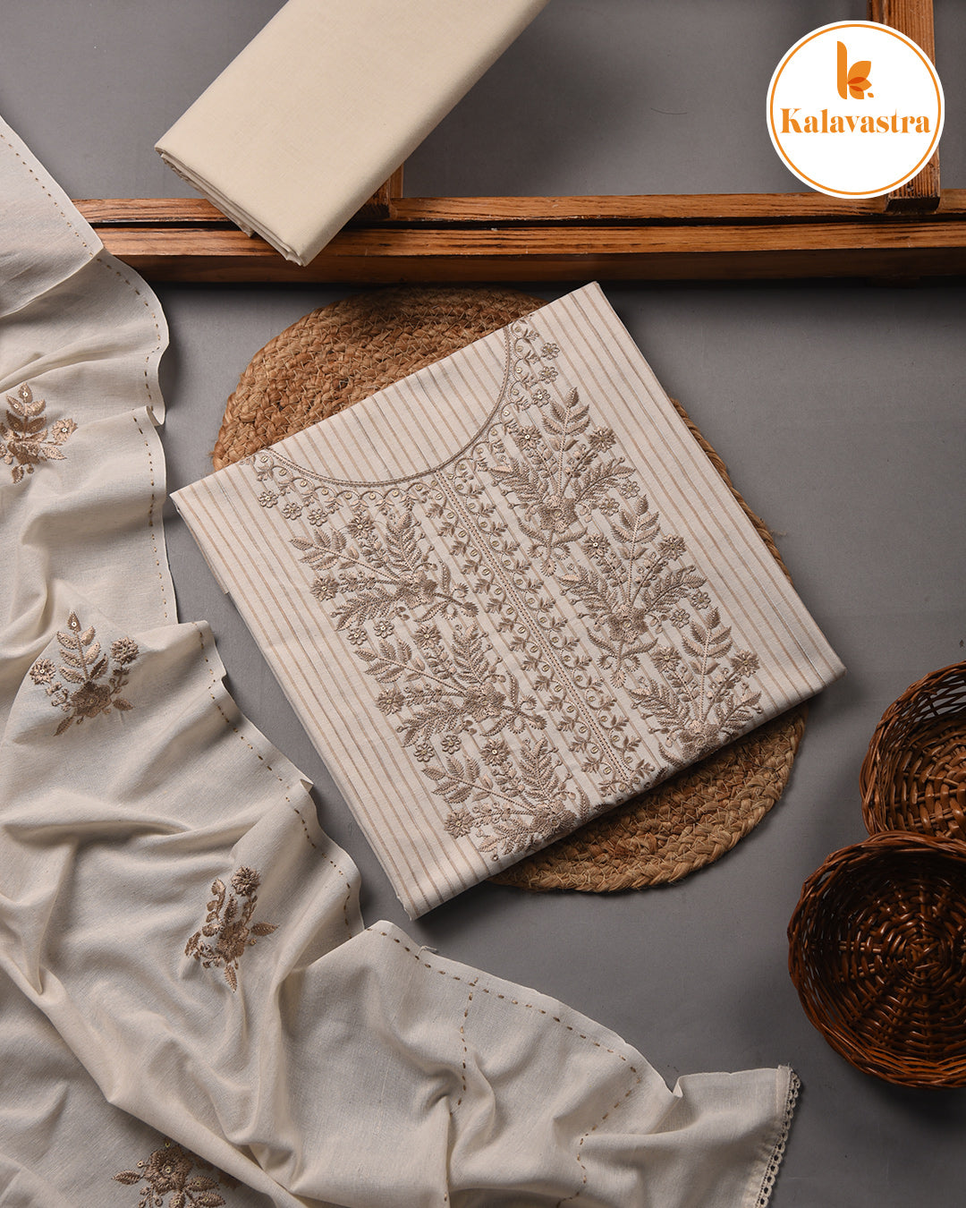 Cream - Cotton - Woven With Embroidery Unstitched Suit Fabric With Cotton Embroidered Dupatta