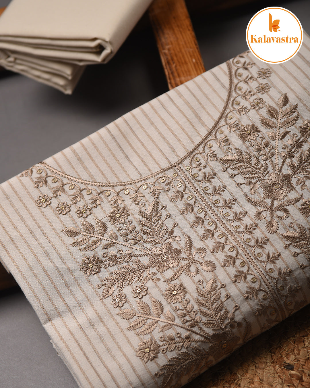 Cream - Cotton - Woven With Embroidery Unstitched Suit Fabric With Cotton Embroidered Dupatta