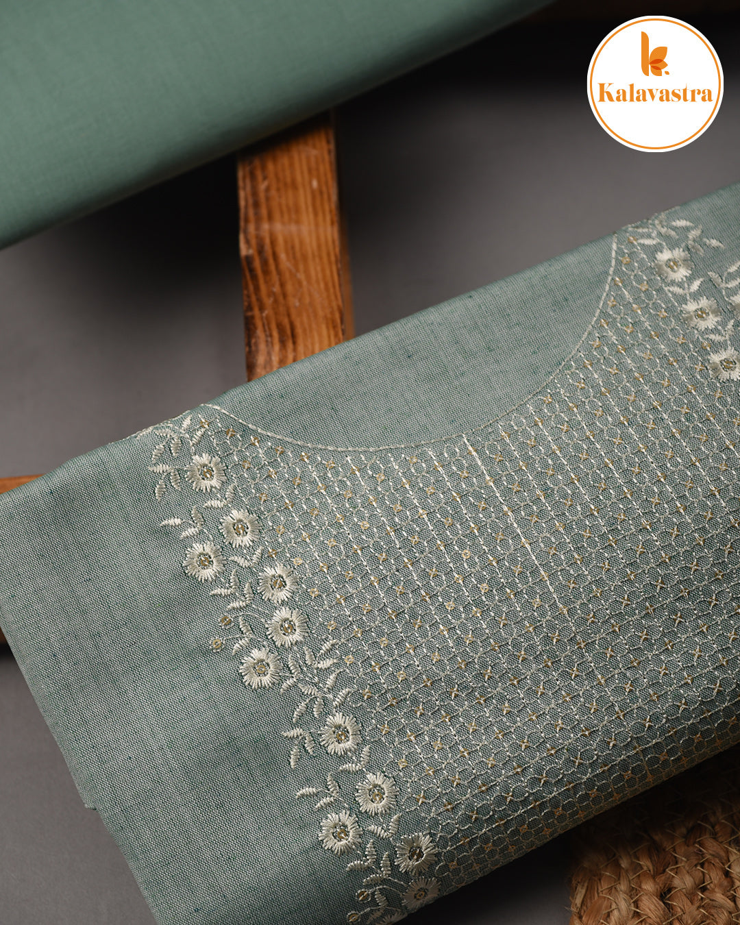 Green- Cotton Slub - Woven With Embroidery - Unstitched Suit Fabric With Cotton Embroidered Dupatta
