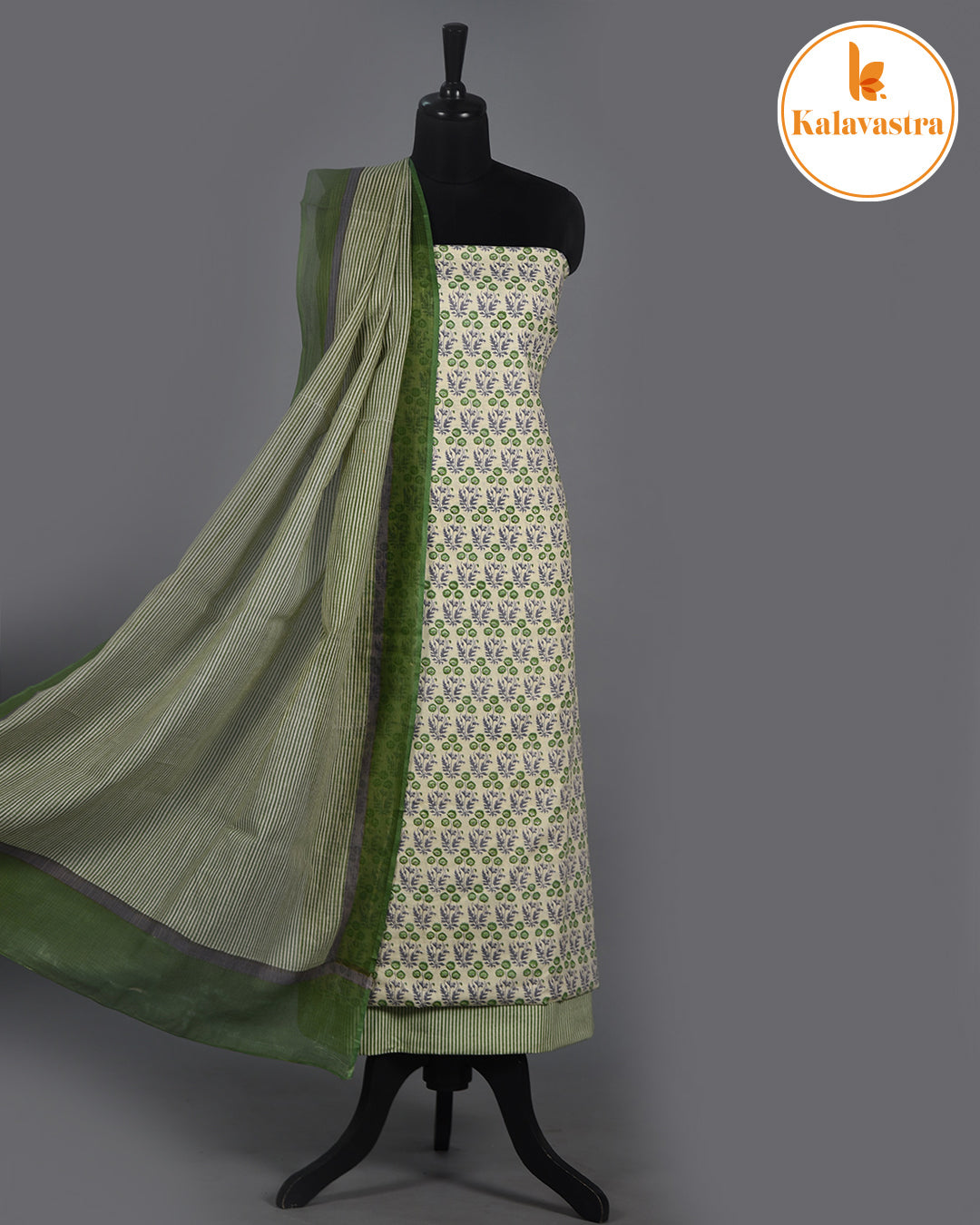 Cream With Green - Soft Cotton- Hand Block Printed - Unstitched Suit Fabric With Kota Dupatta