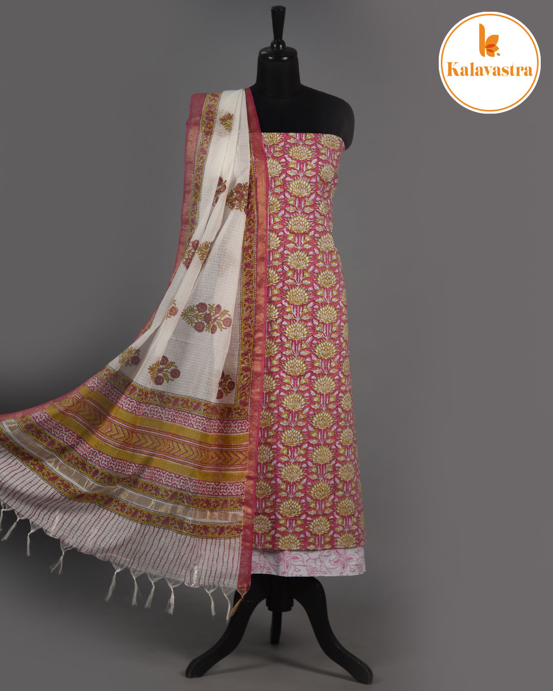 Pink With Mustard - Pure Cotton- Hand Block Printed - Unstitched Suit Fabric With Kota Dupatta