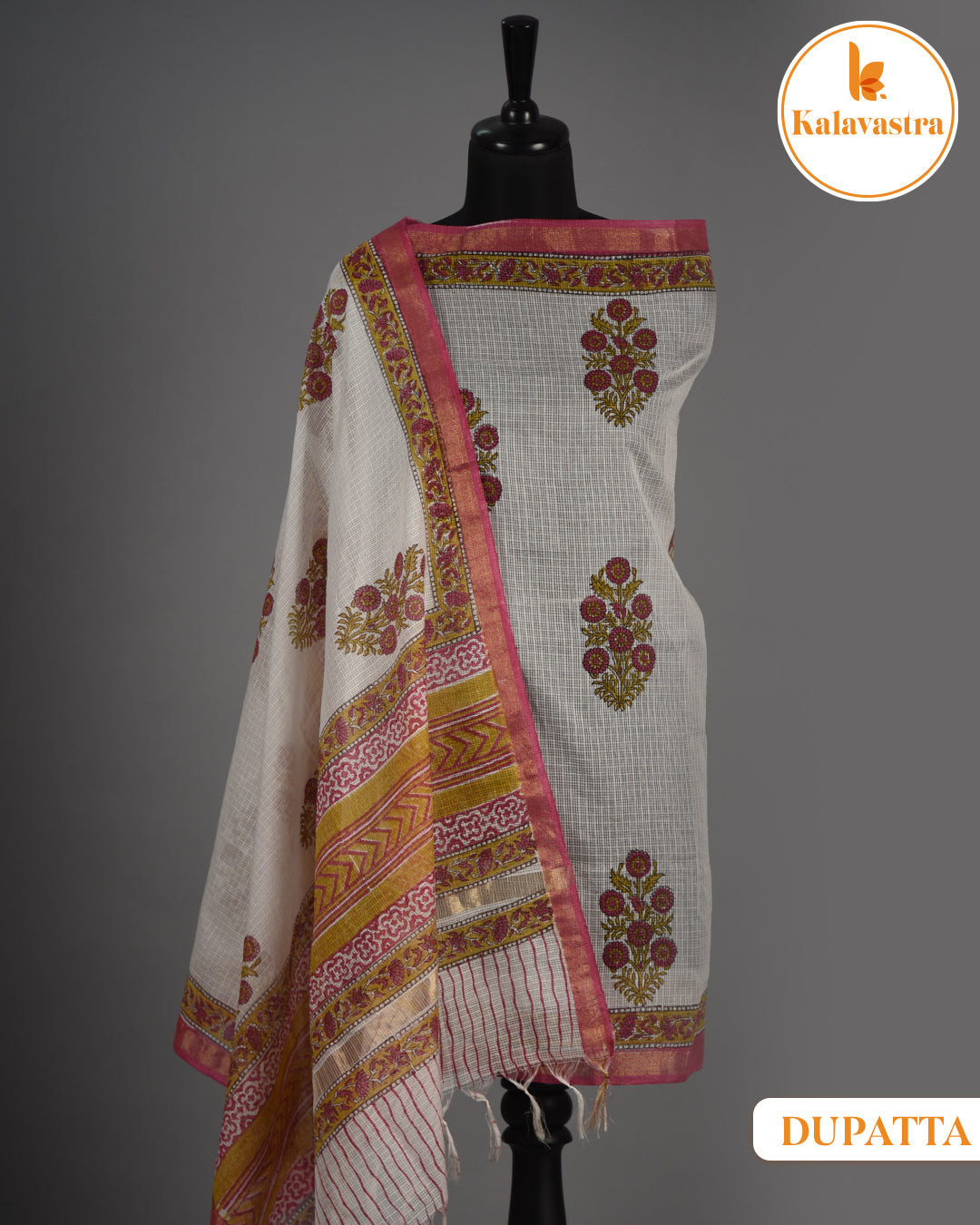 Pink With Mustard - Pure Cotton- Hand Block Printed - Unstitched Suit Fabric With Kota Dupatta
