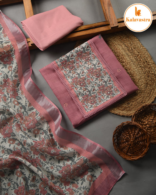 Pink - Linen Blend - Printed With Embroidery - Unstitched Suit Fabric With Linen Dupatta