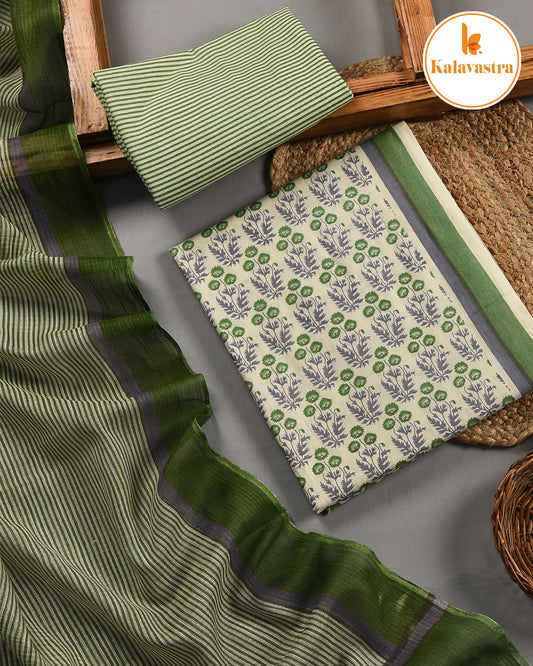 Cream With Green - Soft Cotton- Hand Block Printed - Unstitched Suit Fabric With Kota Dupatta