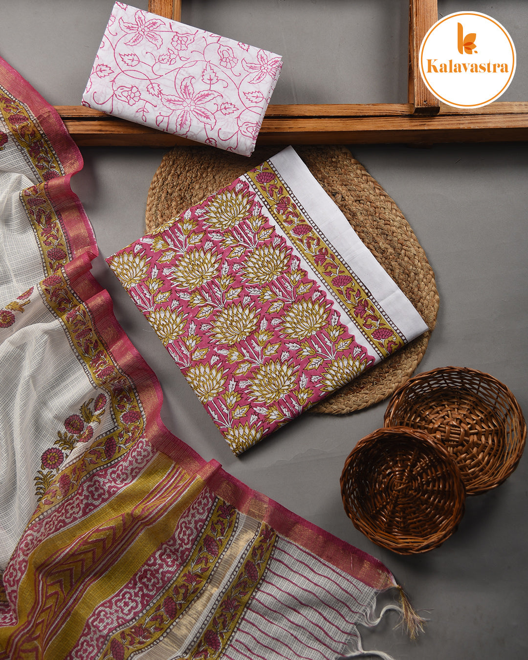 Pink With Mustard - Pure Cotton- Hand Block Printed - Unstitched Suit Fabric With Kota Dupatta