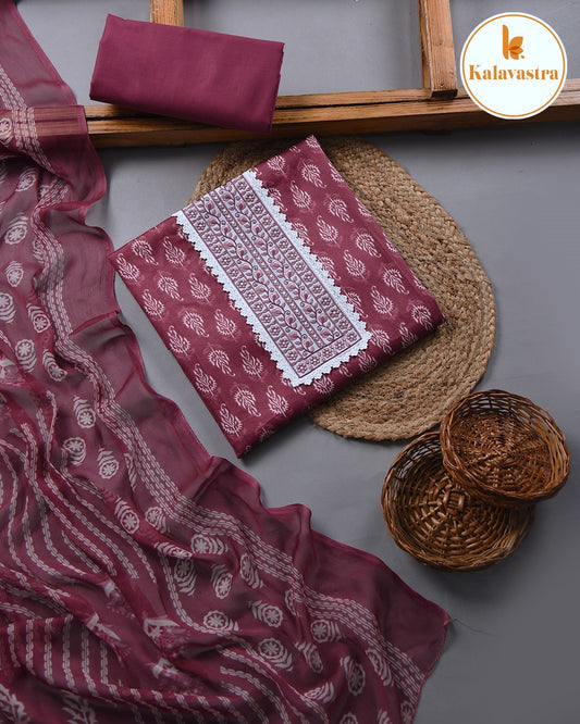 Deep Carrot Pink - Cotton Glazed - Printed With Embroidery - Unstitched Suit Fabric With Chiffon Dupatta