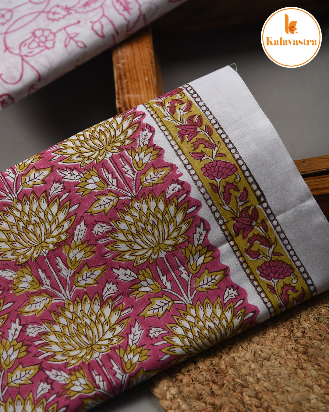 Pink With Mustard - Pure Cotton- Hand Block Printed - Unstitched Suit Fabric With Kota Dupatta