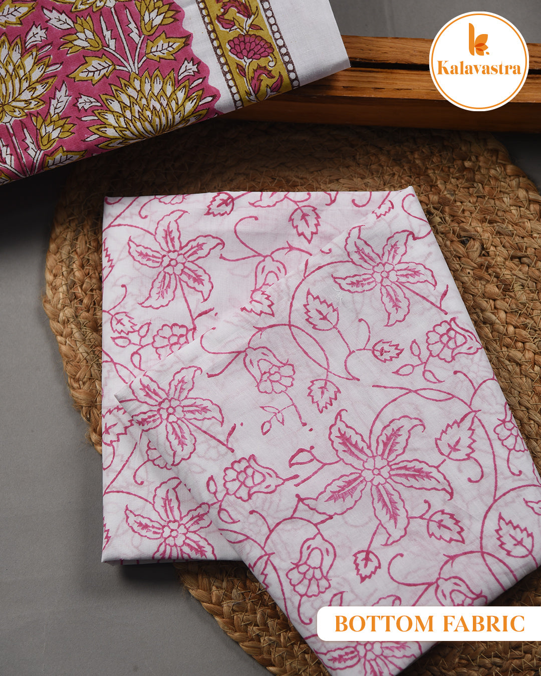 Pink With Mustard - Pure Cotton- Hand Block Printed - Unstitched Suit Fabric With Kota Dupatta