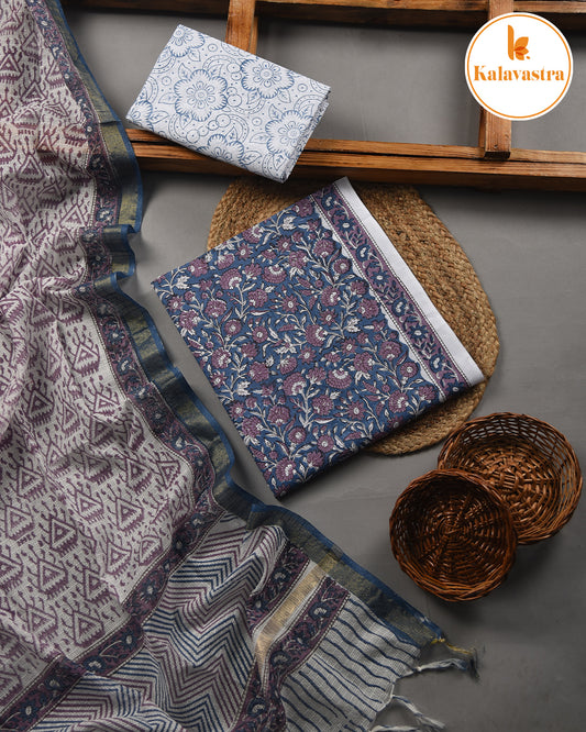 Grayish Blue - Pure Cotton- Hand Block Printed - Unstitched Suit Fabric With Kota Dupatta