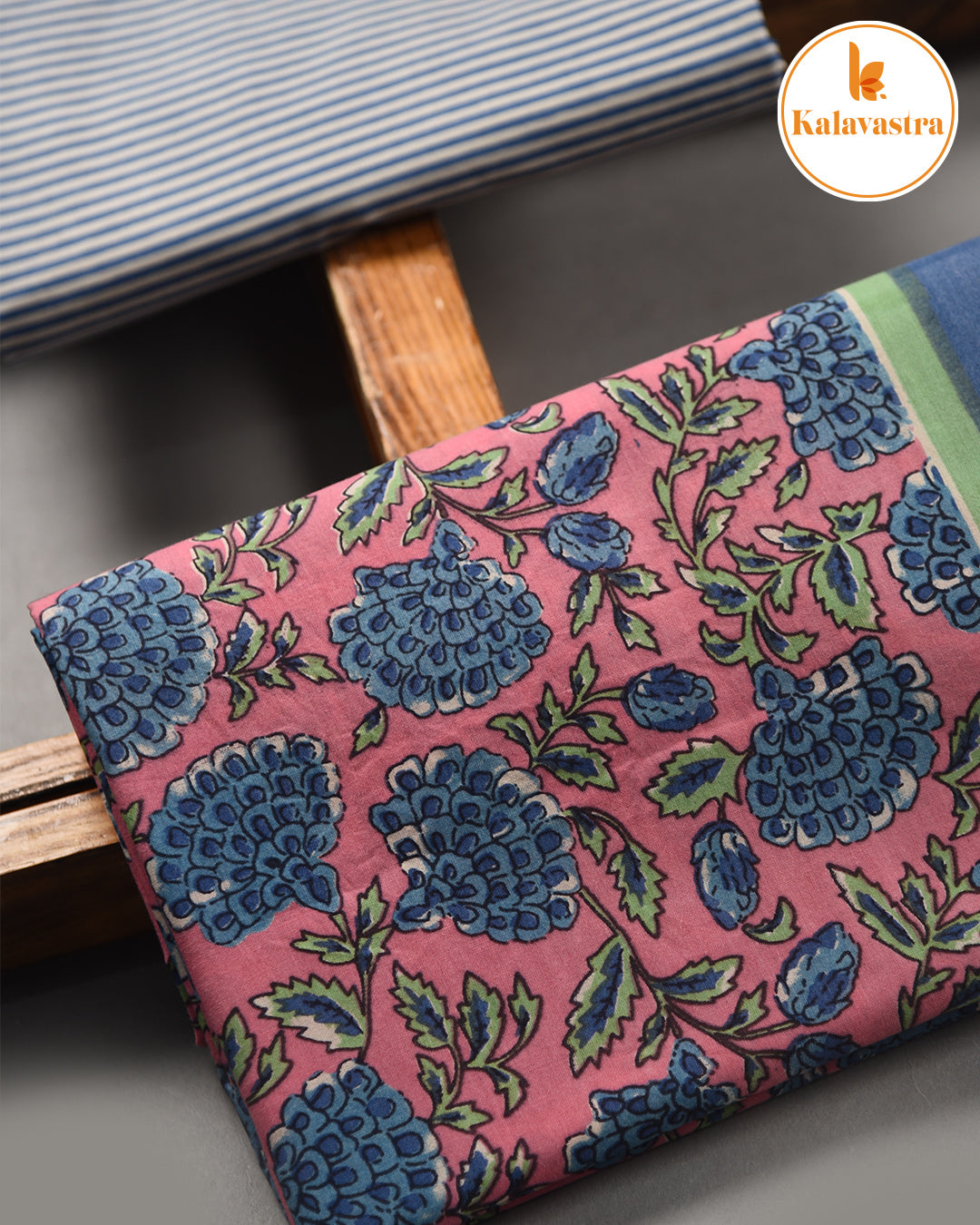 Pink With Blue - Soft Cotton- Hand Block Printed - Unstitched Suit Fabric With Kota Dupatta