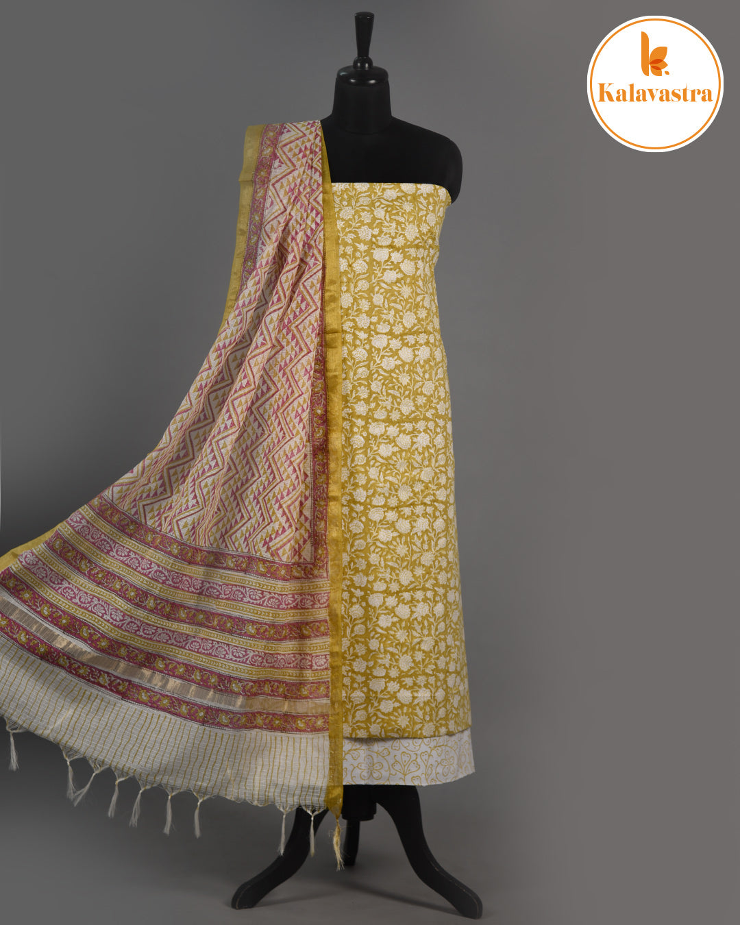 Mustard - Pure Cotton- Hand Block Printed - Unstitched Suit Fabric With Kota Dupatta