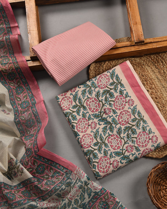 Cream With Green - Soft Cotton - Hand Block Printed - Unstitched Suit Fabric With Kota Dupatta