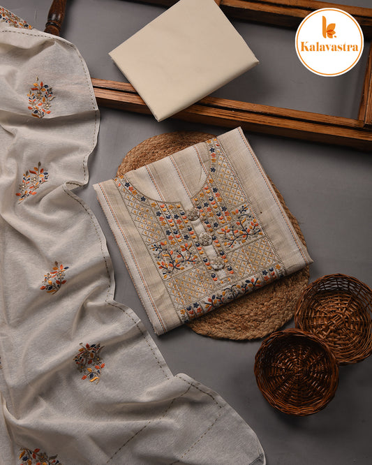 Light Beige - Cotton - Embroidered Unstitched Suit Fabric With Cotton Embroidered Dupatta