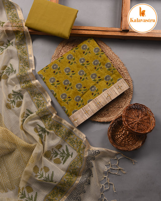 Mustard - Cotton - Printed  - Unstitched Suit Fabric With Kota Printed Dupatta