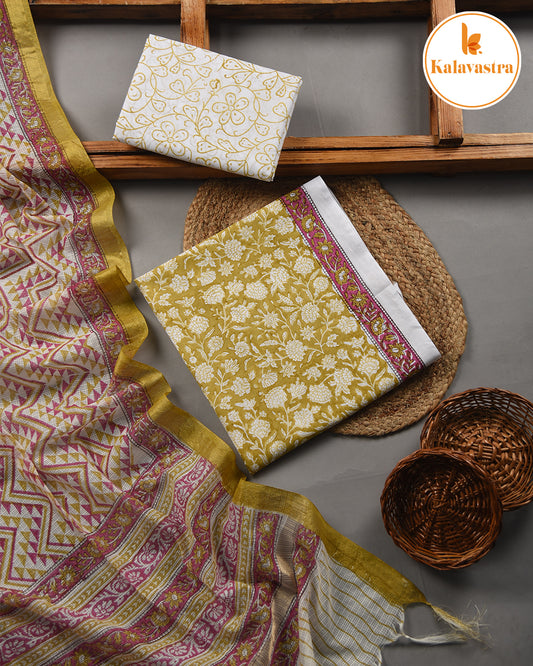 Mustard - Pure Cotton- Hand Block Printed - Unstitched Suit Fabric With Kota Dupatta