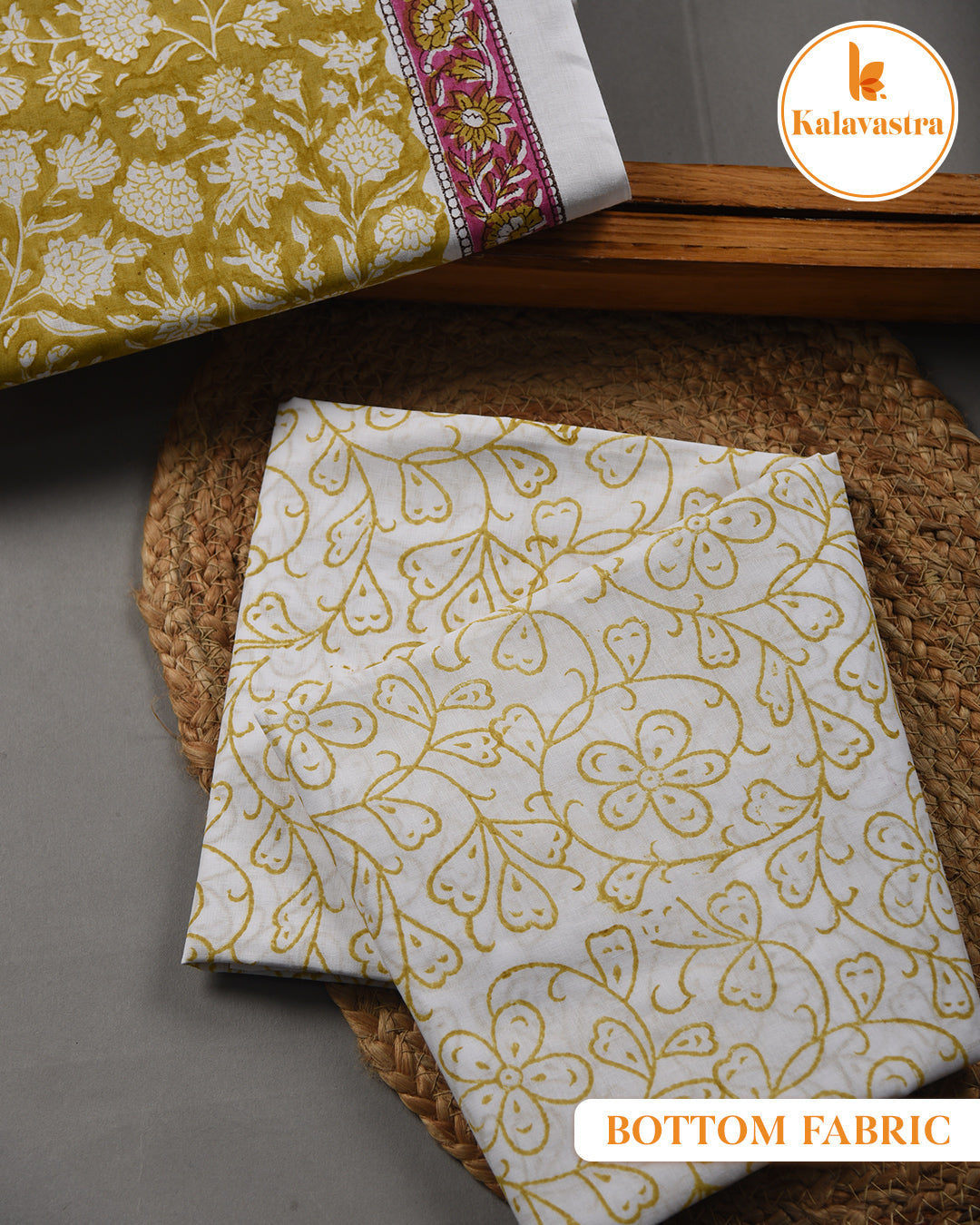 Mustard - Pure Cotton- Hand Block Printed - Unstitched Suit Fabric With Kota Dupatta