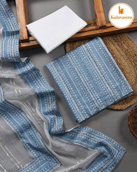 Light Blue - Pure Cotton - Printed With Embroidery - Unstitched Suit Fabric With Kota Dupatta