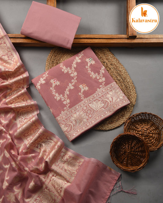 Pink - Chanderi- Multi Color Woven-Unstitched Suit Fabric With Chanderi Woven Dupatta