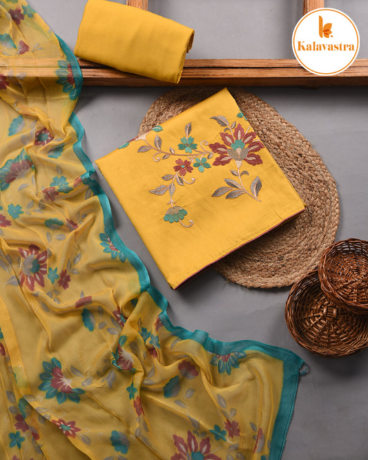 Yellow - Cotton Glazed - Embroiderd - Unstitched Suit Fabric With Chiffon Printed Dupatta