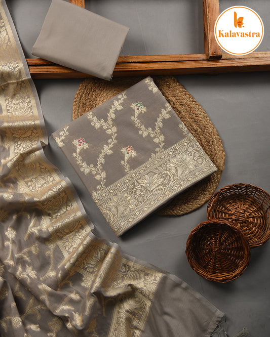 Gray - Chanderi- Multi Color Woven-Unstitched Suit Fabric With Chanderi Woven Dupatta