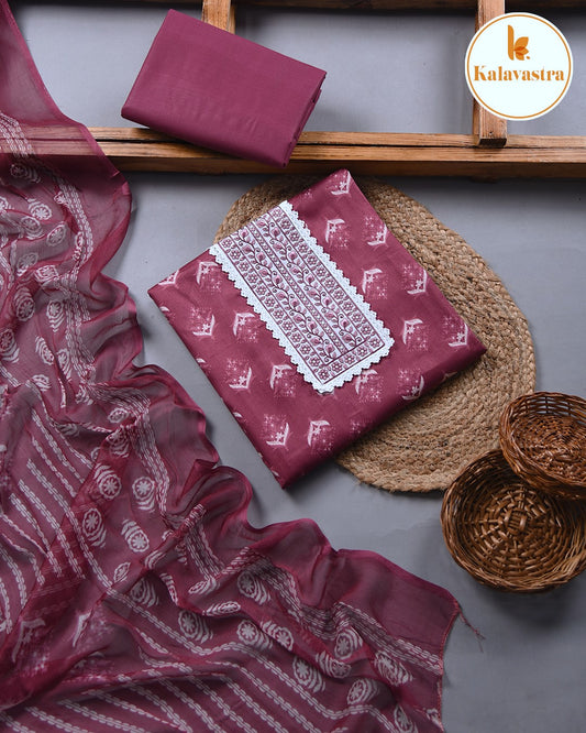 Pink With White - Cotton Glazed - Printed With Embroidery - Unstitched Suit Fabric With Chiffon Dupatta