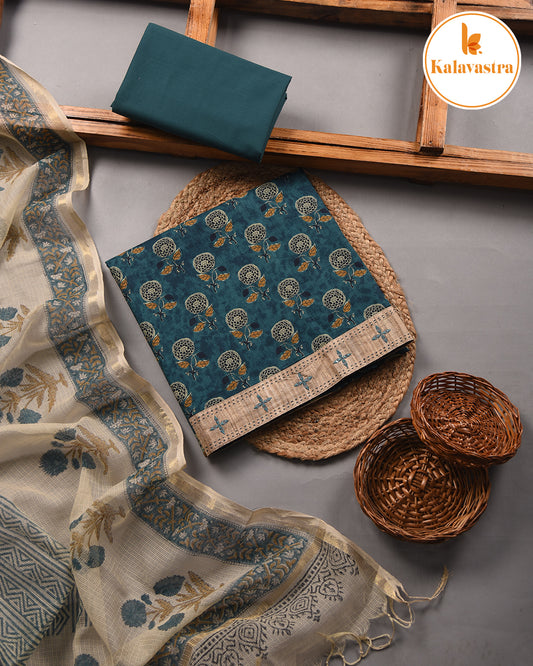 Teal Blue - Cotton - Printed  - Unstitched Suit Fabric With Kota Printed Dupatta