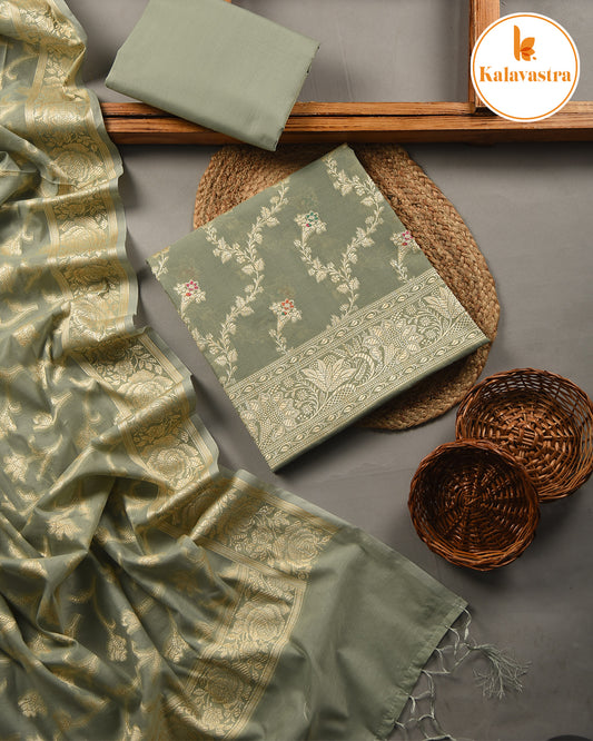 Green - Chanderi- Multi Color Woven-Unstitched Suit Fabric With Chanderi Woven Dupatta