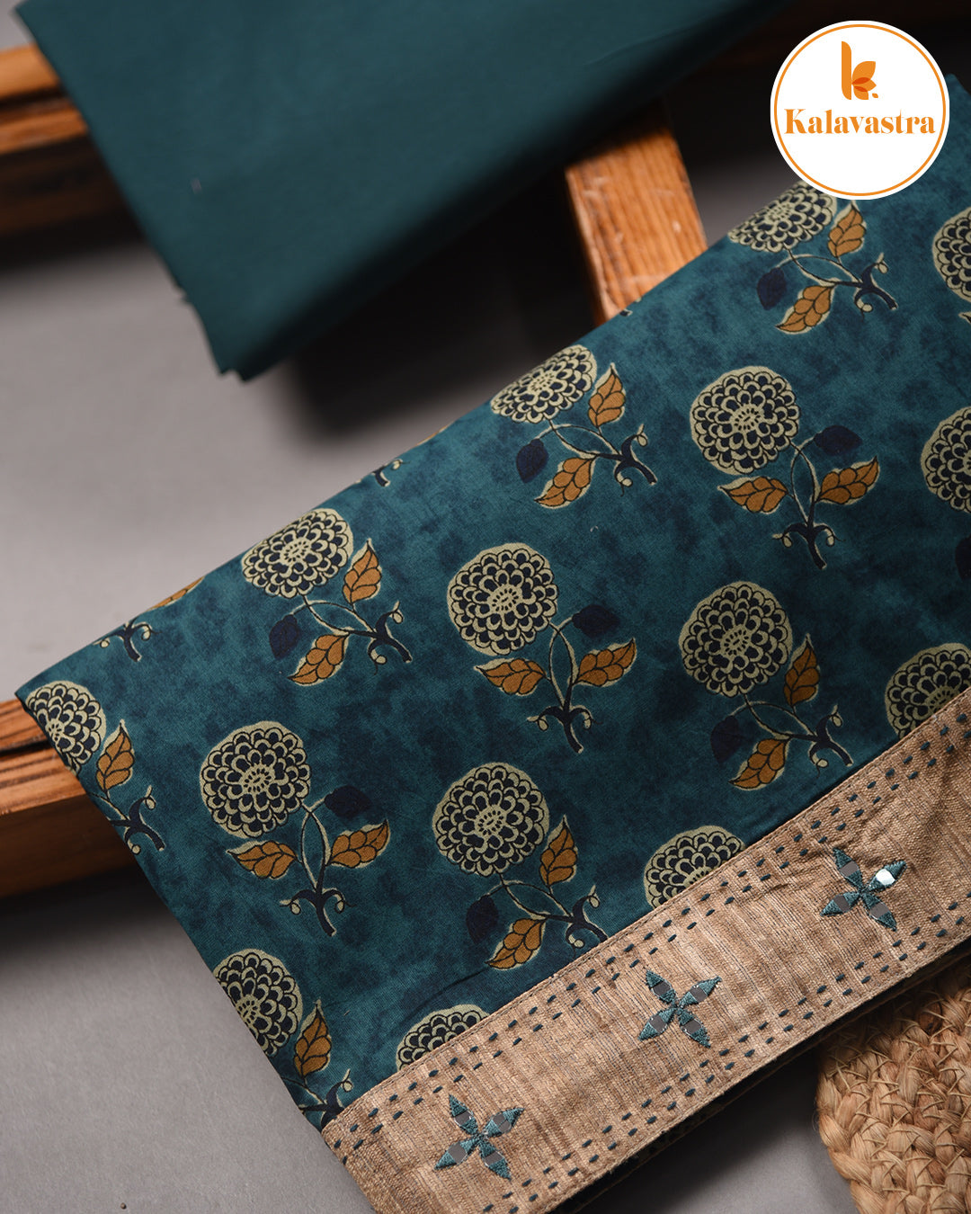 Teal Blue - Cotton - Printed  - Unstitched Suit Fabric With Kota Printed Dupatta