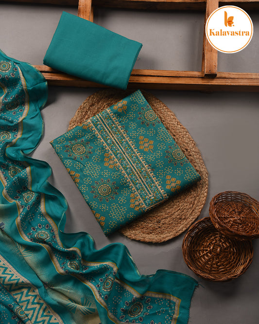 Green - Cotton Glazed - Printed With Embroidery - Unstitched Suit Fabric With Muslin Dupatta