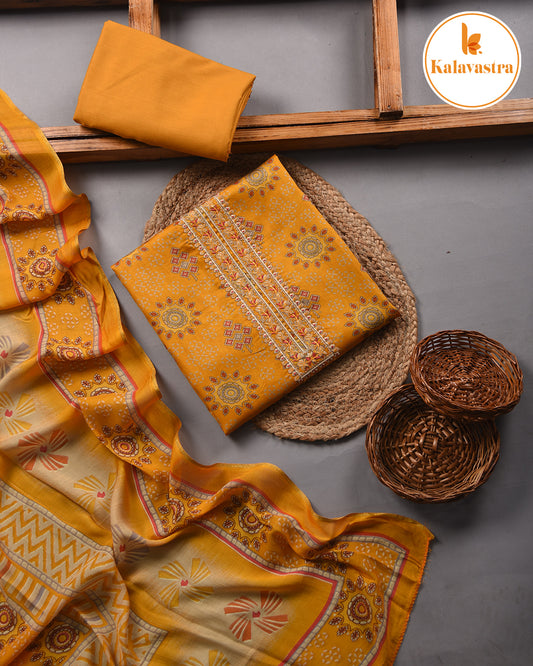 Mustard - Cotton Glazed - Printed With Embroidery - Unstitched Suit Fabric With Muslin Dupatta