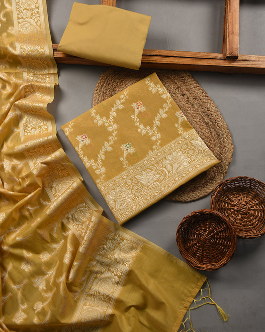 Yellow-Chanderi- Multi Color Jamdani Woven-Unstitched Suit Fabric With Chanderi Jamdani Woven Dupatta