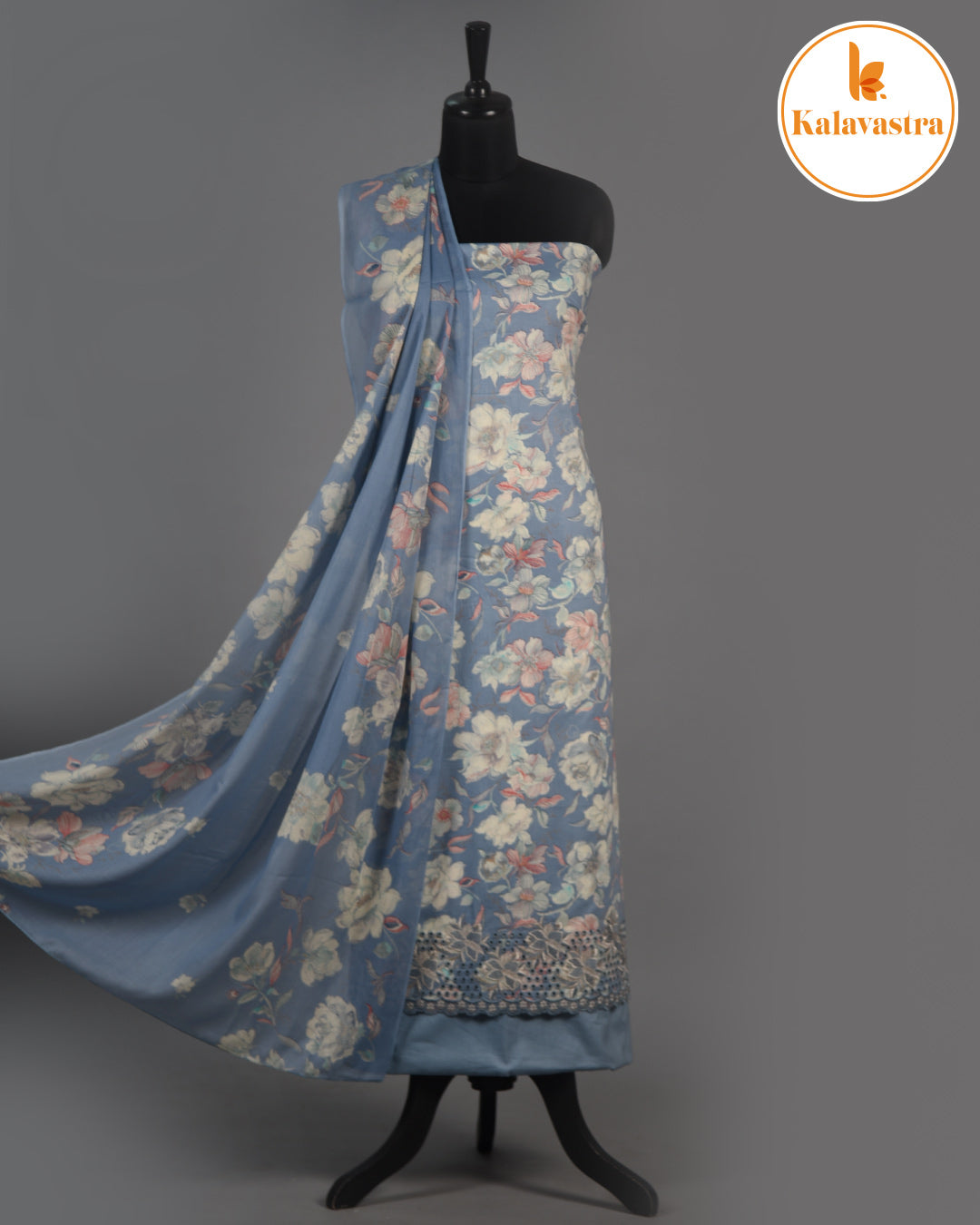 Blue - Cotton Glazed - Printed With Embroidery - Unstitched Suit Fabric With Cotton Dupatta