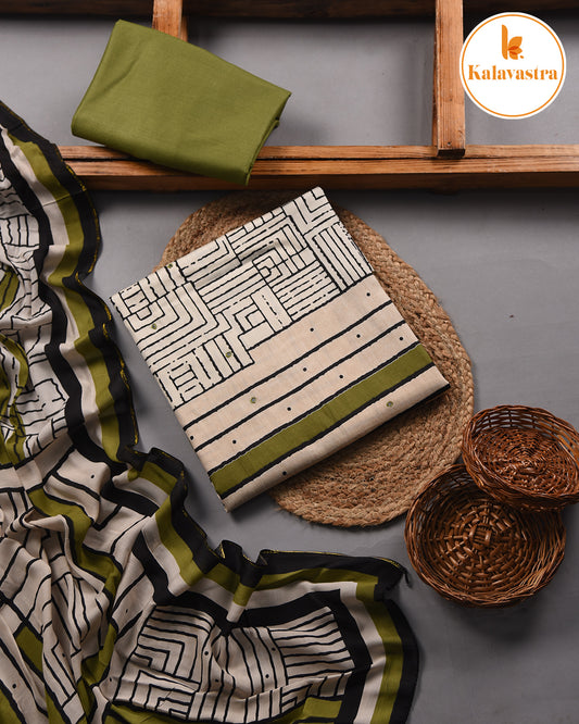 Beige With Green - Cotton Glazed - Printed With Embroidery - Unstitched Suit Fabric With Muslin Dupatta