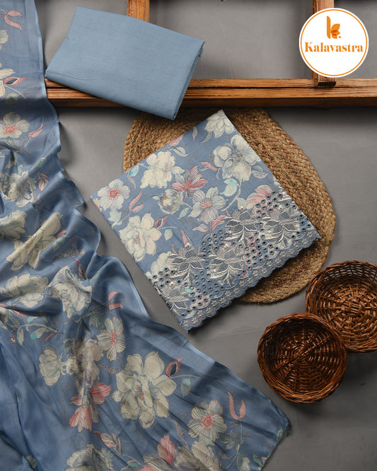 Blue - Cotton Glazed - Printed With Embroidery - Unstitched Suit Fabric With Cotton Dupatta