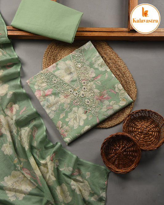 Green - Cotton Glazed - Printed With Embroidery - Unstitched Suit Fabric With Cotton Dupatta