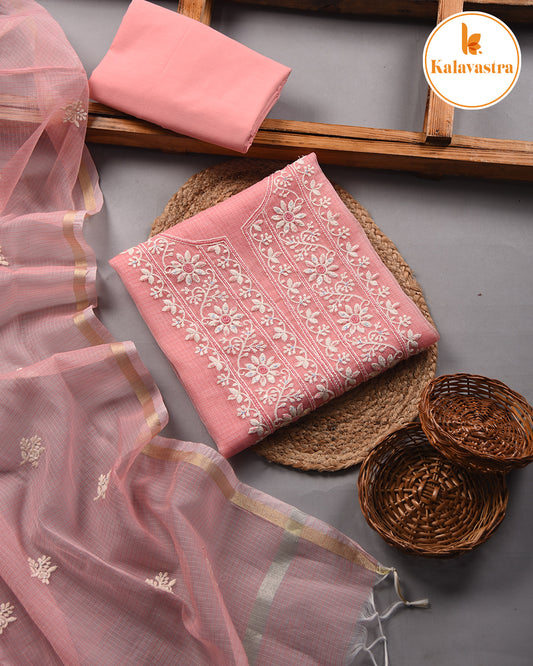 Pink - Kota - Embroidered - Unstitched Suit Fabric With Kota Embroidered Dupatta