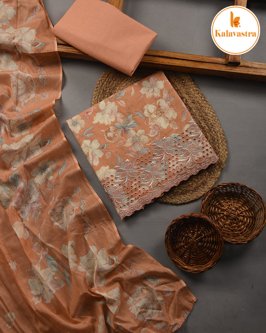 Peach - Cotton Glazed - Printed With Embroidery - Unstitched Suit Fabric With Cotton Dupatta