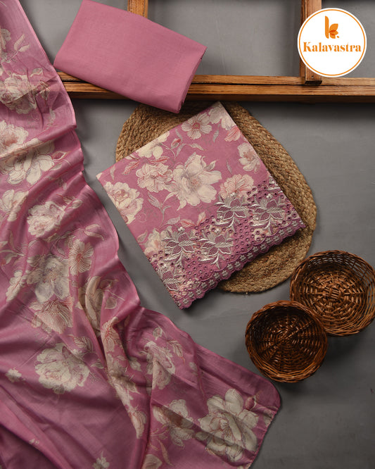 Mauve - Cotton Glazed - Printed With Embroidery - Unstitched Suit Fabric With Cotton Dupatta