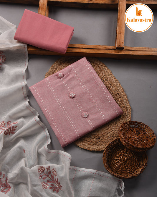 Pink - Cotton Slub - Embroidered Unstitched Suit Fabric With Cotton Embroidered Dupatta