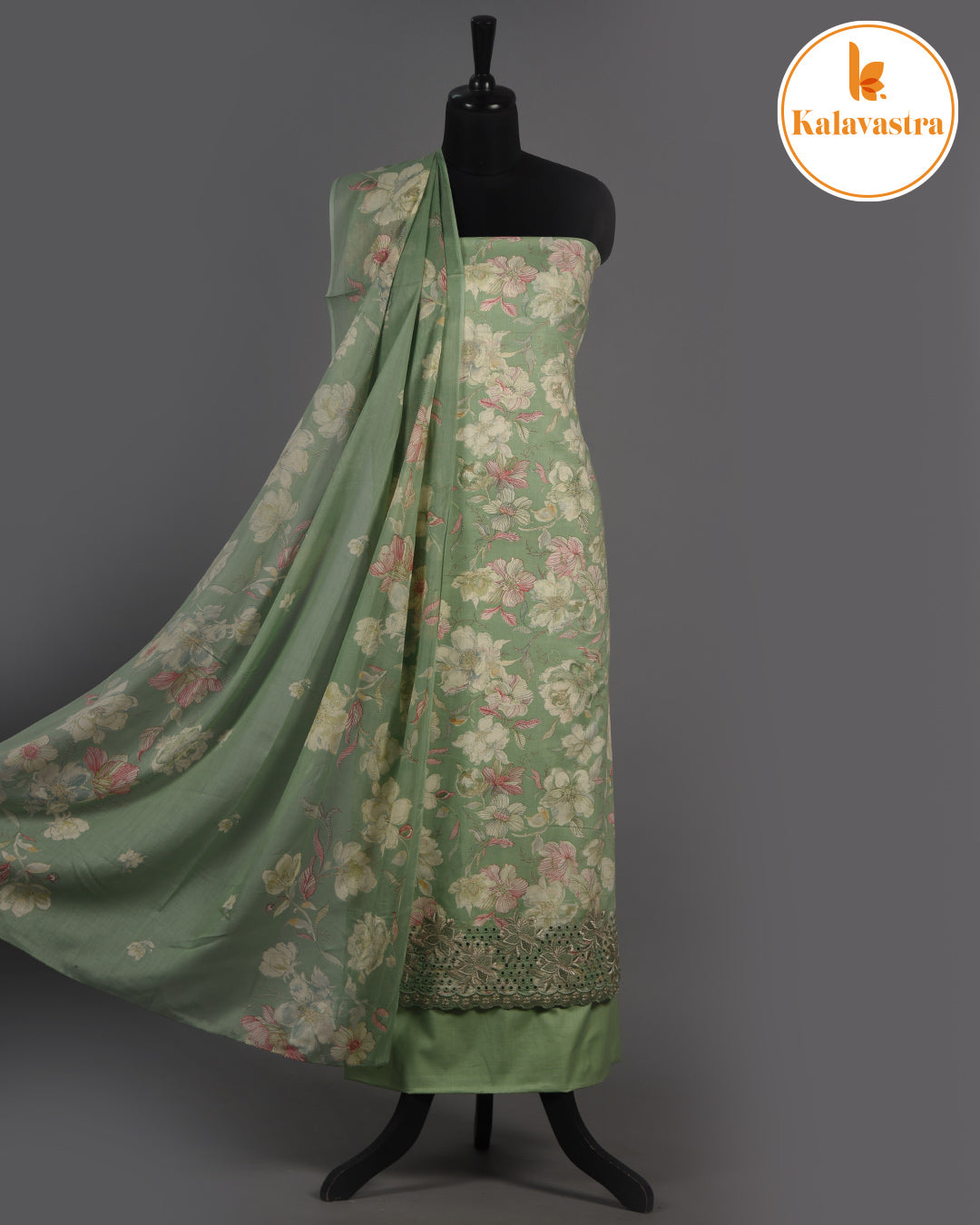 Green - Cotton Glazed - Printed With Embroidery - Unstitched Suit Fabric With Cotton Dupatta