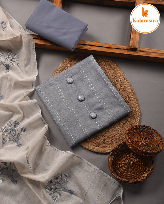 Gray - Cotton Slub - Embroidered Unstitched Suit Fabric With Cotton Embroidered Dupatta