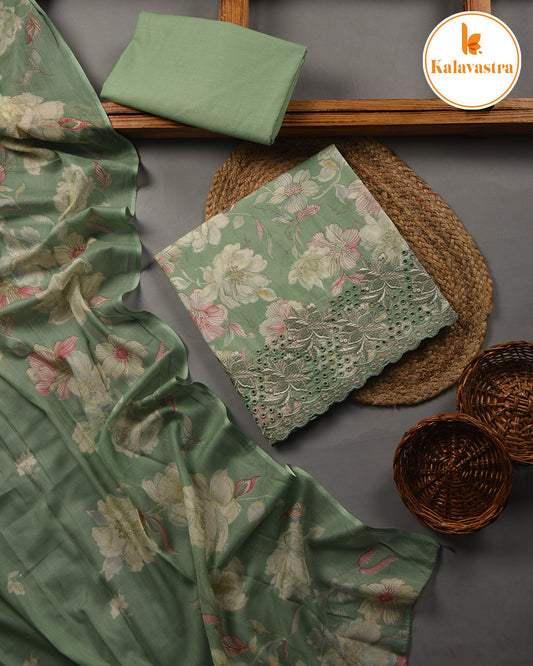 Green - Cotton Glazed - Printed With Embroidery - Unstitched Suit Fabric With Cotton Dupatta