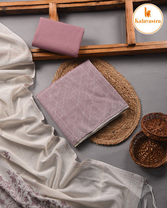Mauve - Cotton Slub - Embroidered Unstitched Suit Fabric With Cotton Embroidered Dupatta