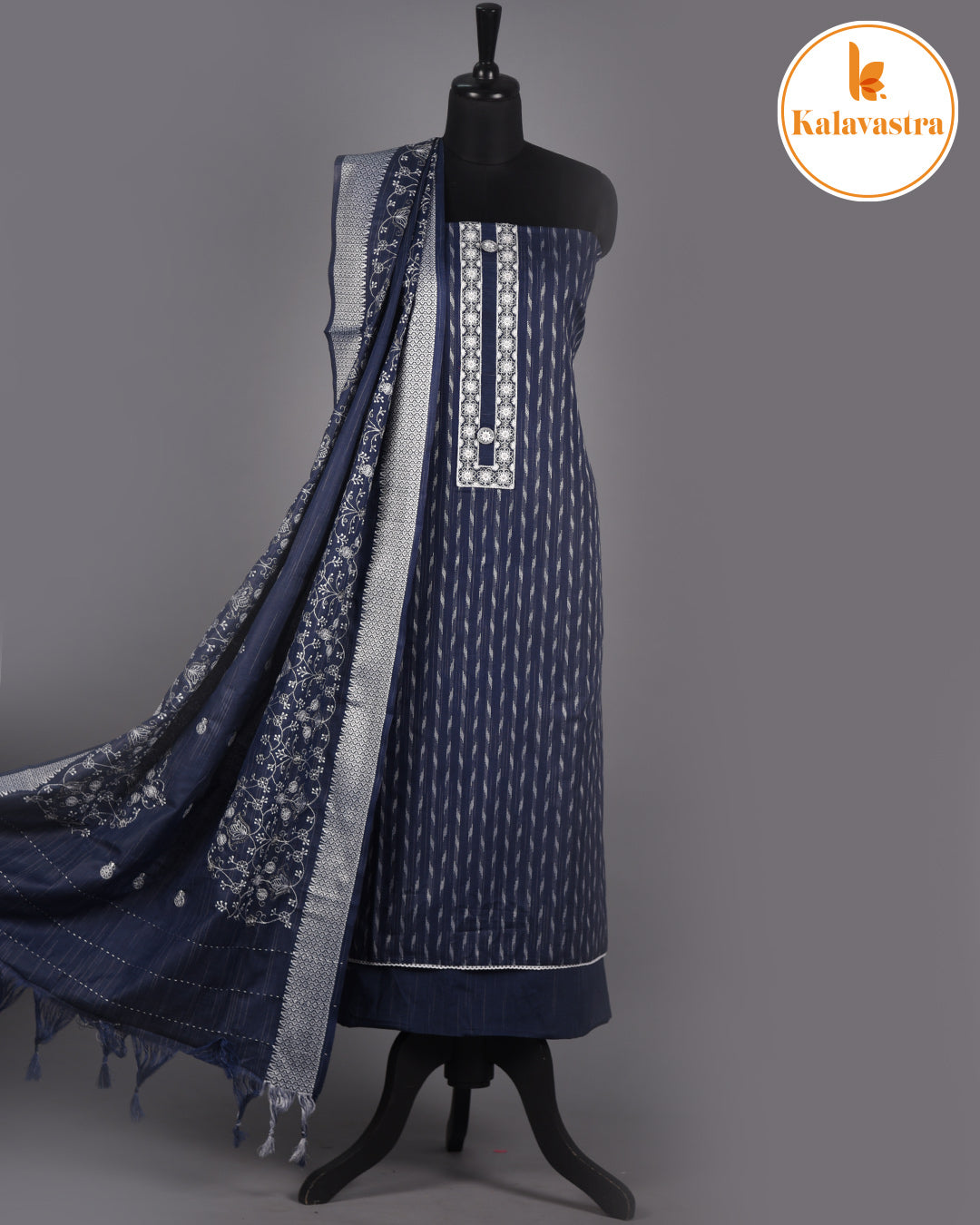 Blue - Cotton Blend - Woven With Embroidery Unstitched Suit Fabric With Cotton Blend Embroidered Dupatta