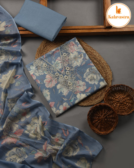 Blue - Cotton Glazed - Printed With Embroidery - Unstitched Suit Fabric With Cotton Dupatta