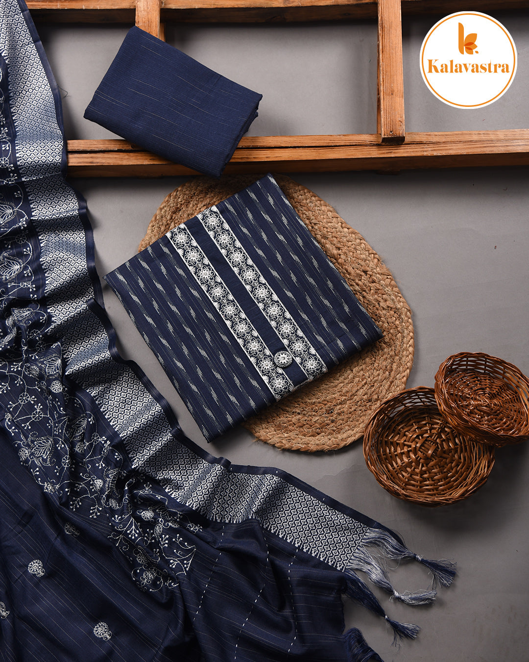 Blue - Cotton Blend - Woven With Embroidery Unstitched Suit Fabric With Cotton Blend Embroidered Dupatta
