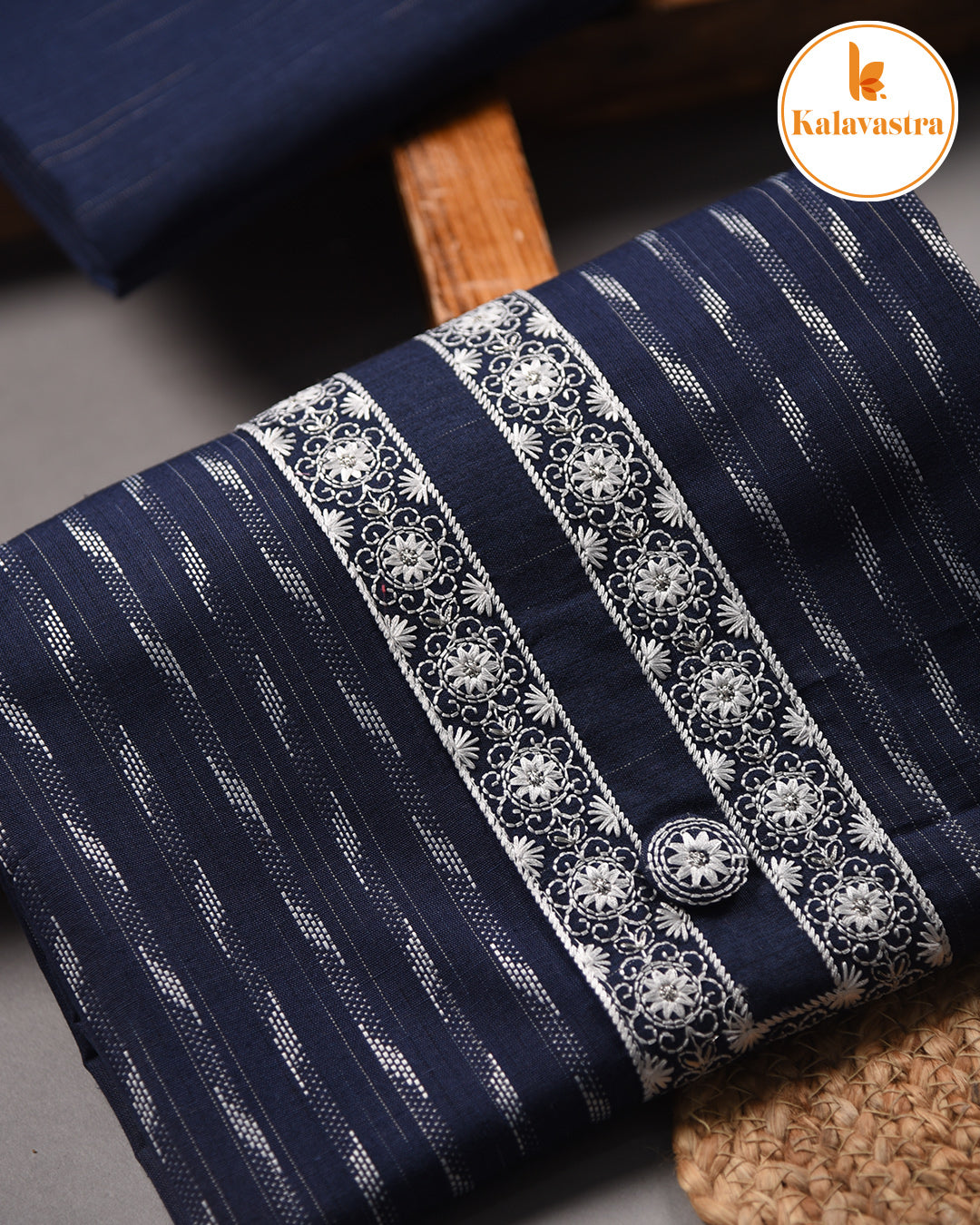 Blue - Cotton Blend - Woven With Embroidery Unstitched Suit Fabric With Cotton Blend Embroidered Dupatta