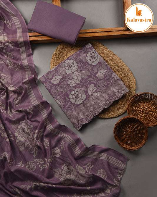 Mauve - Cotton Glazed - Printed With Embroidery - Unstitched Suit Fabric With Cotton Dupatta