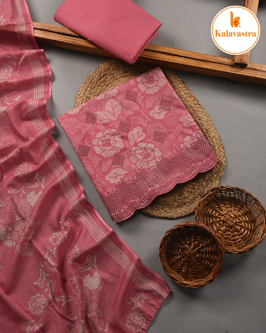 Pink - Cotton Glazed - Printed With Embroidery - Unstitched Suit Fabric With Cotton Dupatta
